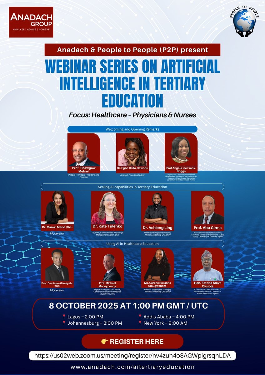 🌍 Join us for a groundbreaking Webinar Series on Artificial Intelligence in Tertiary Education, with a focus on Healthcare for Physicians &amp; Nurses!
📅 Date: 8 October 2025
🕐 Time: 1:00 PM GMT / UTC
💻 Online via Zoom
🔗 Register here: us02web.zoom.us/meeting/regist…