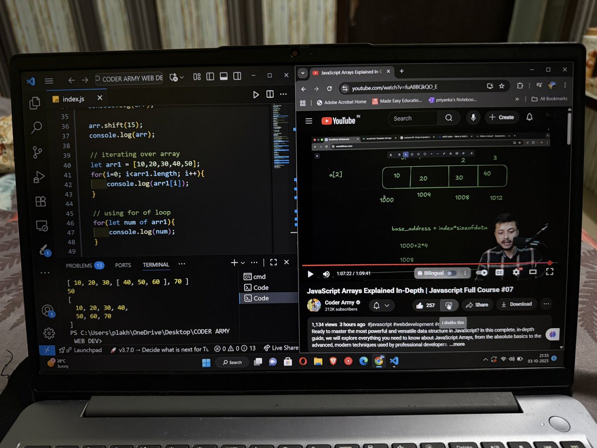 codewithpri's tweet image. Day 22 of WEB DEVELOPMENT  ☺️✅

@rohit_negi9 taught arrays in JavaScript and explored different methods.
Also got to know that arrays in JS are actually objects. 

Really good and informative session today 🙌

#100DaysOfCode  #100xDevs  #WebDev #JavaScript