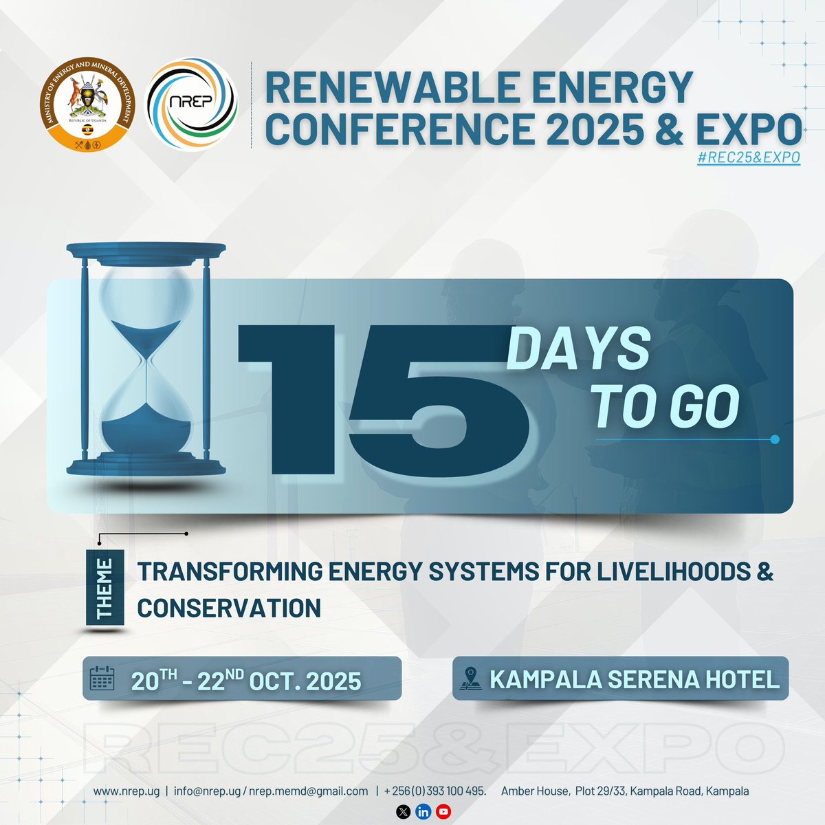 15 left until 20th October 2025, #Day1 of 
#REC25&amp;Expo at Serena Hotel, Kampala.

Mark your calendars and get ready for the big event where Uganda’s renewable future takes centre stage.

Why attend?
✅ Be part of high level discussions shaping Uganda’s energy transition.