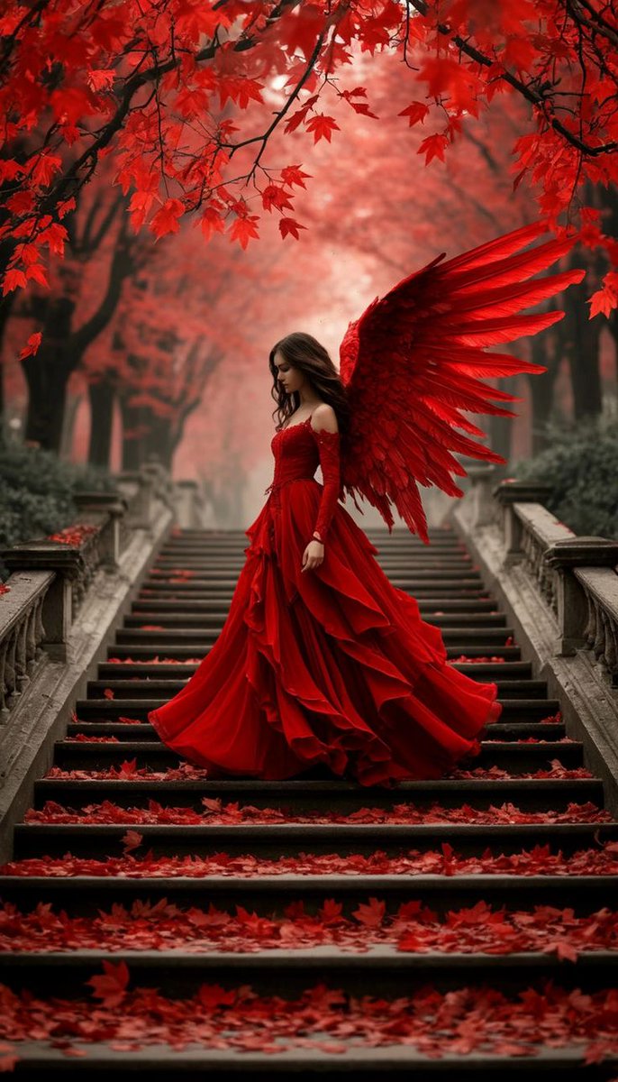 ClaudiaMes33307's tweet image. Stunning! The vibrant red dress, wings, and autumn leaves create a breathtaking scene. Absolutely love the color theme! 🍁❤️ #RedVibes #AutumnMagic #ArtisticBeauty