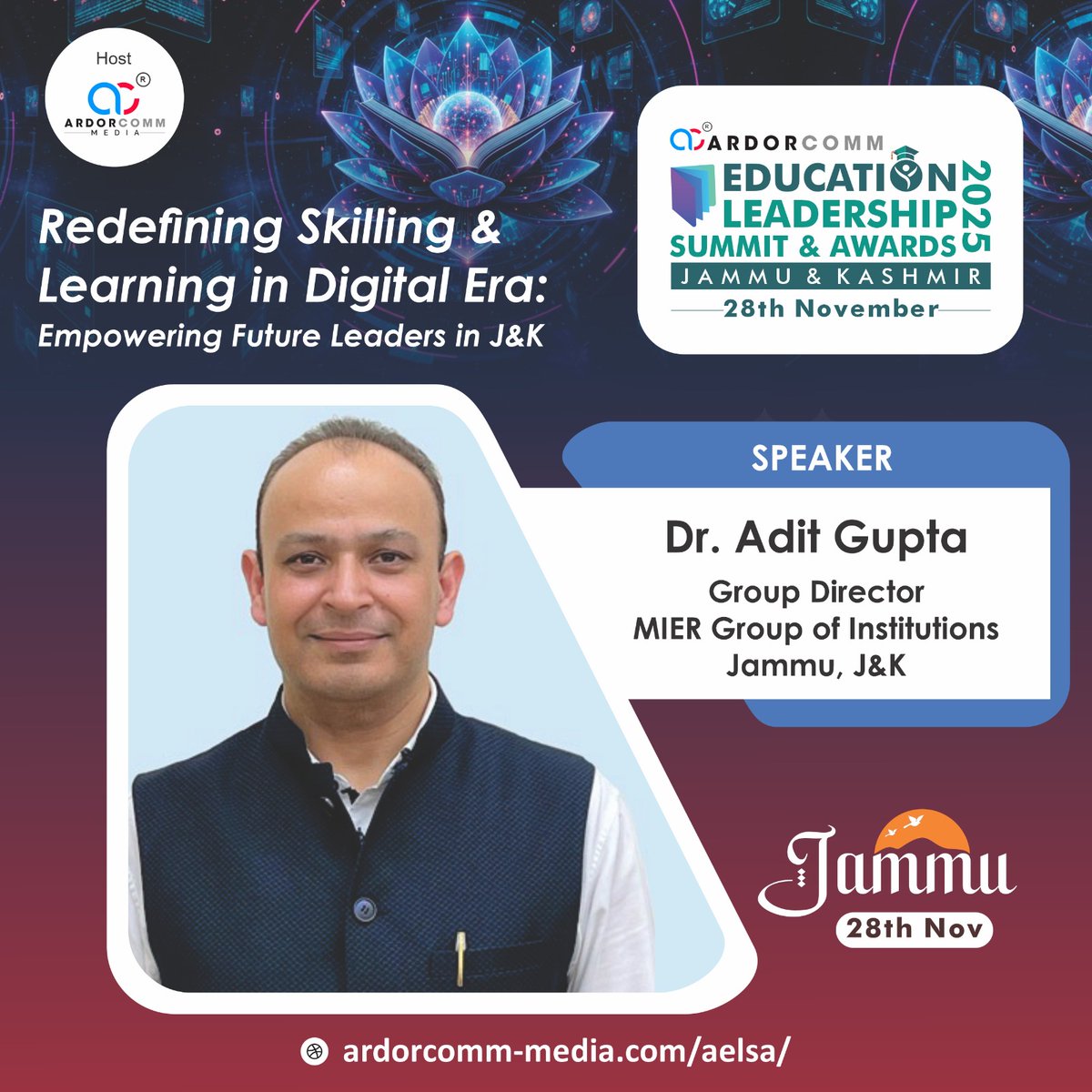 aman220994's tweet image. We welcome Dr. Adit Gupta, Group Director, MIER Group of Institutions, Jammu as speaker at the ArdorComm Education Leadership Summit &amp;amp; Awards 2025 – Jammu &amp;amp; Kashmir.

Visit: ardorcomm-media.com/aelsa/

#ArdorComm #AELSA2025 #AELSAJammu #EducationLeadership #EdTech #Skills