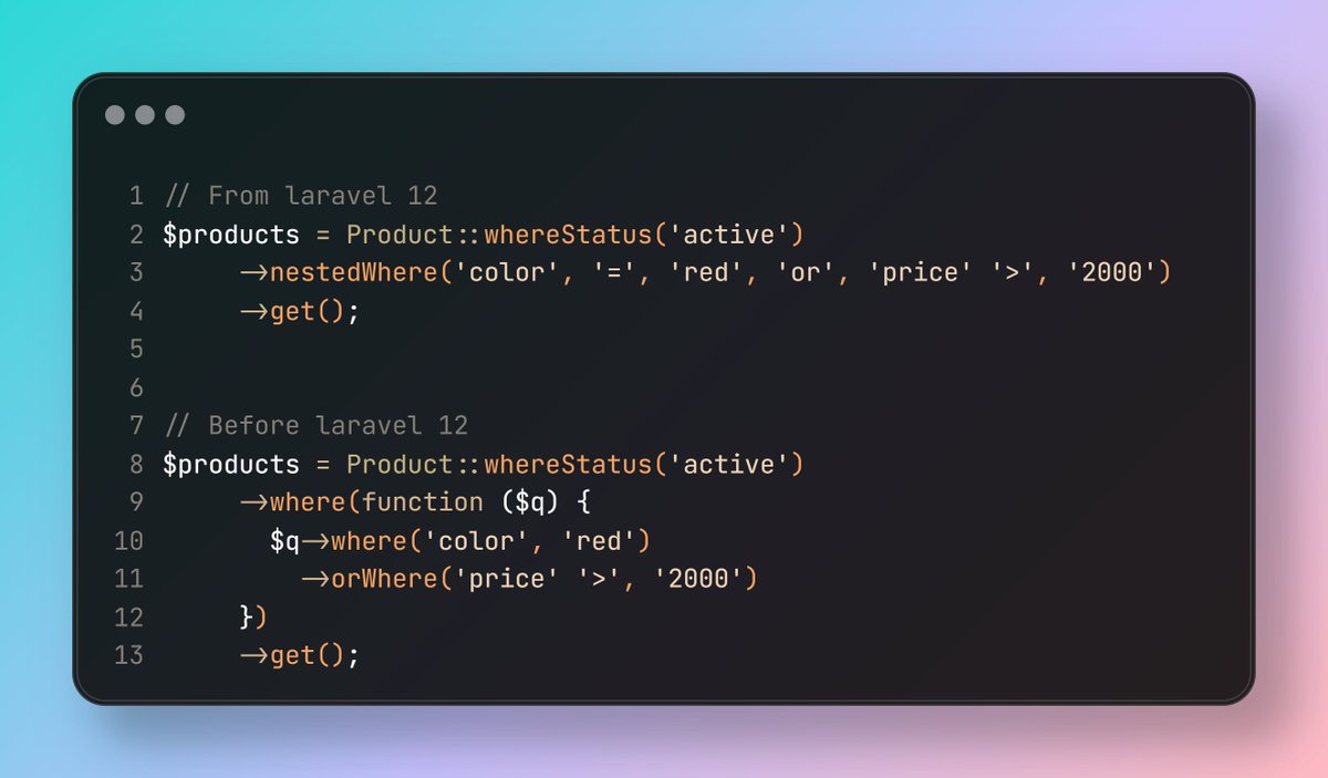 CodingwithRK's tweet image. Do you know that in @laravelphp  12, you can use &quot;or&quot;, &quot;and&quot; queries in one query using nestedWhere().

How to use?
1. Column,
2. Condition,
3. Value,
4. Separator (or, and).

#laravel #tip #laravel12 #php #sql #query