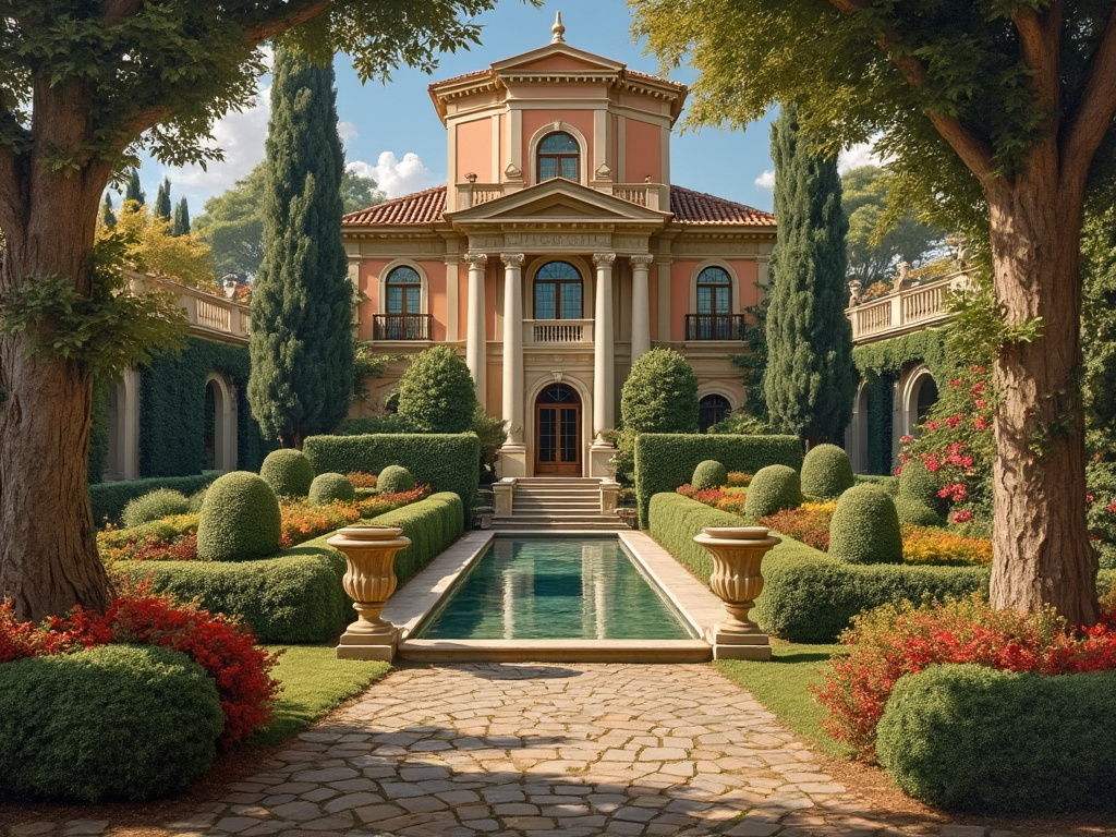Painting  of a garden in an Italian villa in the style of Palladio in early October, generated using the Grok 2 AI. Here we see the courtyard of this elegant peace-colored Renaissance-style edifice, with a long pool of clear water in front of the staircase to the main entrance.
