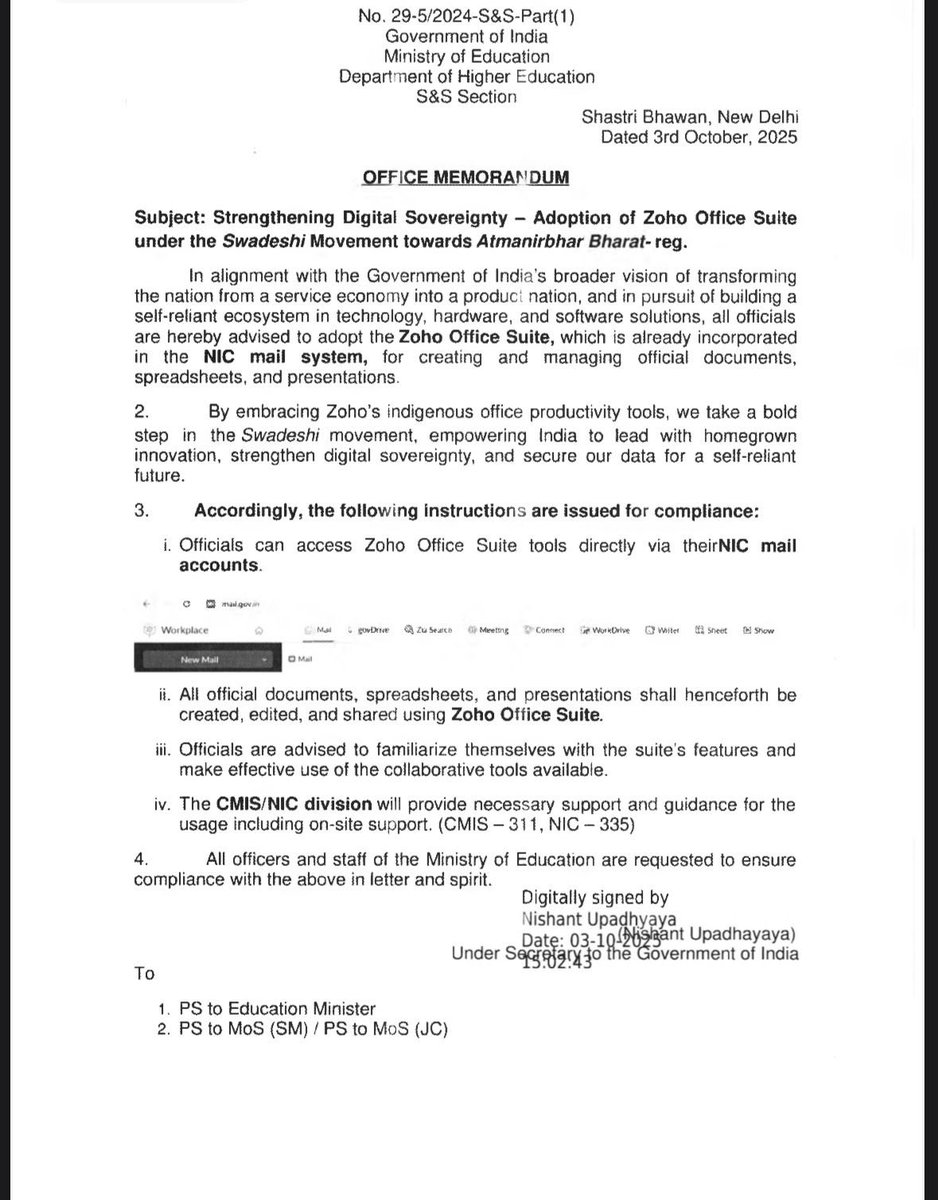 Brainly_Indian's tweet image. 🚨 Big Move for #DigitalIndia 🇮🇳

The Govt. of India just issued an order making Zoho Office Suite the official productivity tool for the Ministry of Education

✅ Swadeshi tools replacing foreign giants

This is Digital Sovereignty in action

#Zoho #SaaS #AtmanirbharBharat