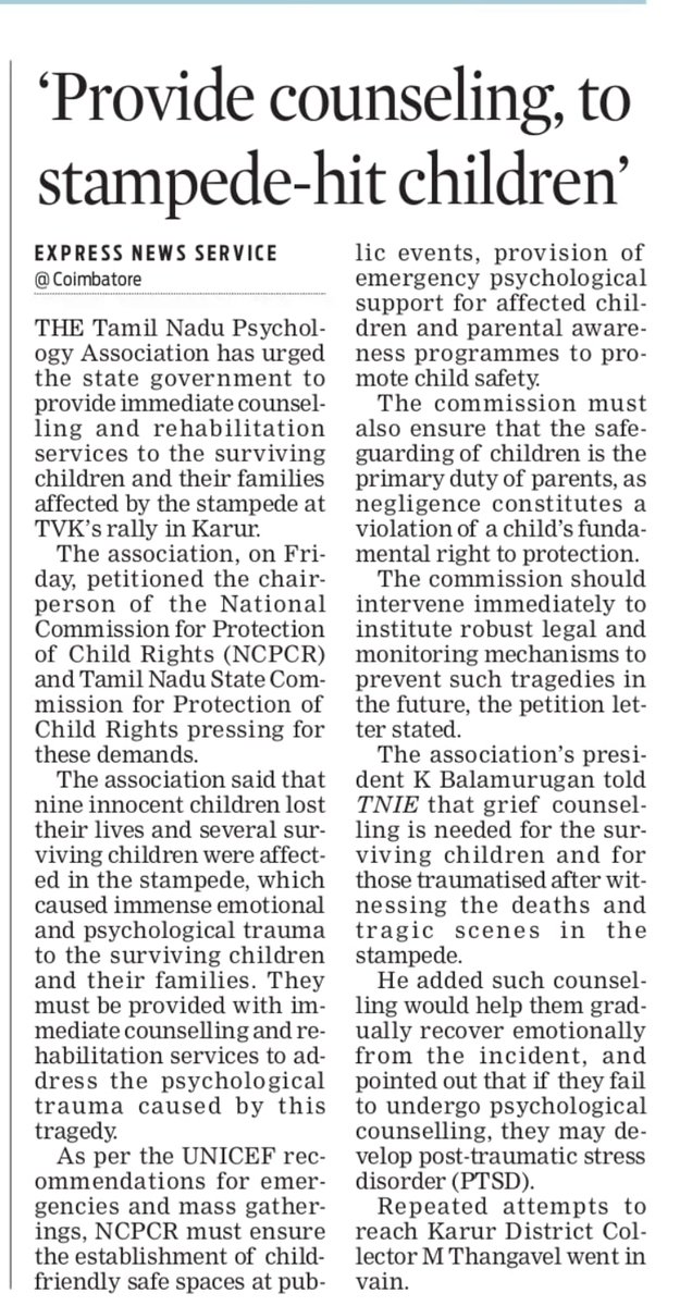 TNPA14's tweet photo. #Karur Stampede

The Indian Express has also covered the Tamil Nadu Psychology Association’s petition sent yesterday. https://t.co/tCN2Ryi4Nt