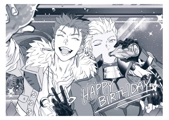 フォロワさんへの誕生日お祝い本に寄稿した💫槍弓達。誕生日おめでとうございました🍾 