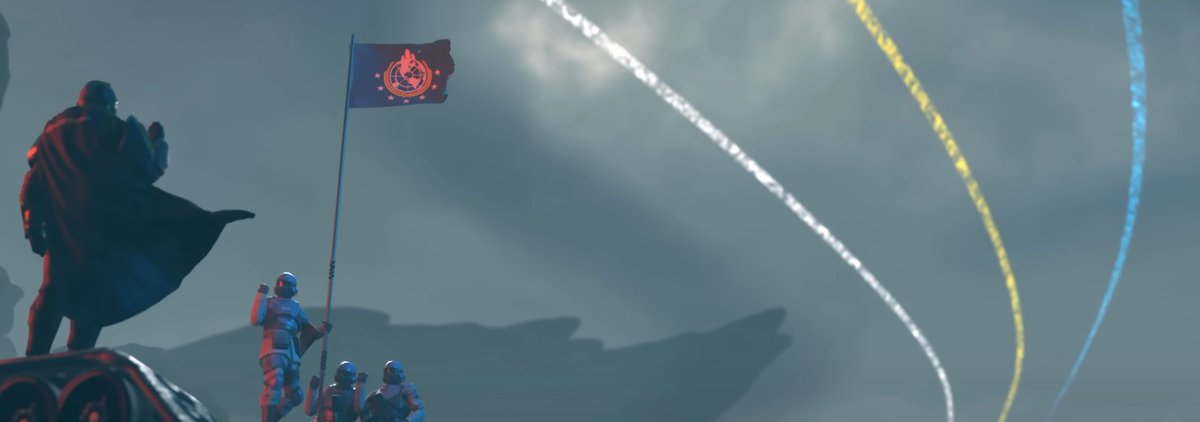 ThatDogYouKnow's tweet photo. @helldivers2 could we get a colors of freedom flyover stratagem or get a flyover when we've finished a flag raising with the DSS in orbit? Alternatively the Eagle Storm could end with a flyover. Image from the end of Lore Accurate General Brasch by EPG-6 on YouTube. https://t.co/17yGbcFA2J