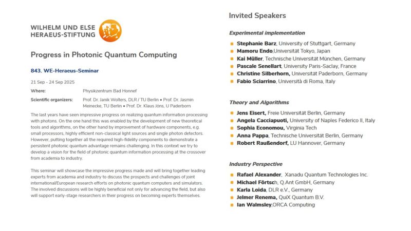 FabioSciarrino's tweet photo. Invited talk on "Quantum machine learning with hybrid photonics platform "  at the WE-Heraeus-Seminar on Progress in Photonic Quantum Computing, wSeptember 22-24, 2025 in Bad Honnef @EPIQUEquantum #QLASS @SapienzaRoma @ICSC_Computing @qlab_sapienza   https://t.co/cGnX8oaSSf https://t.co/9SSSip4Dqm