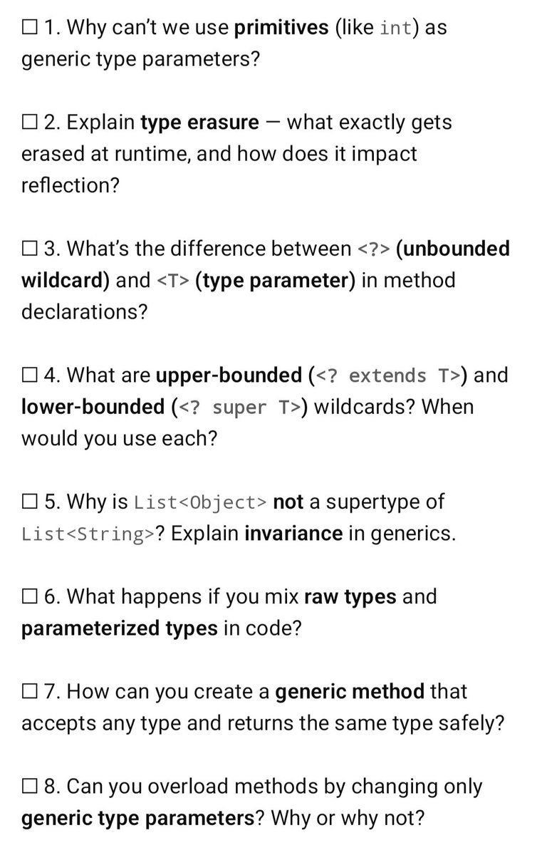 SumitM_X's tweet image. You are not ready for Java Interview.
If your score is below 6 in this Java Generics checklist :