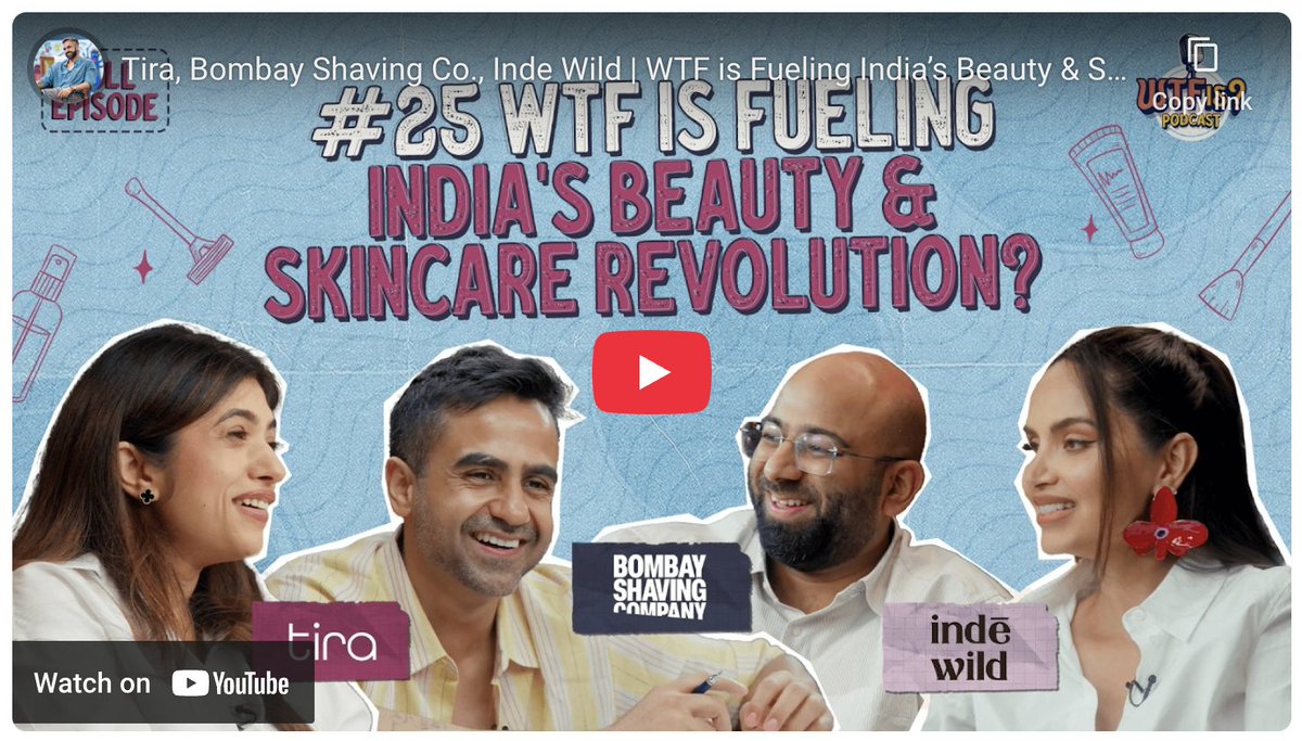 A midweek holiday was just the thing I needed to catch up on the 3.5+ hour WTF podcast between <a href="/nikhilkamathcio/">Nikhil Kamath</a>, <a href="/diipakhosla/">diipa khosla</a> (indē wild), <a href="/shantanukd/">Shantanu Deshpande</a> (Bombay Shaving Company), Bhakti Modi (Tira).

While they spoke about opportunities in BPC, they also touched upon what’s broken.