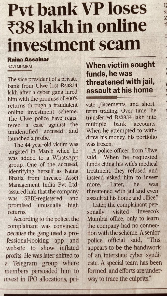 Online scammers are now even using names of Mutual funds to scam peopl.

And even employees of private banks are falling prey to these scams. Pls take care of your money and don't believe online claims