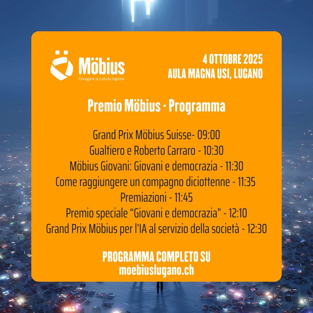 FondazMoebius's tweet photo. Oggi al #Moebius2025 (USI Lugano, dalle 09:00)
09:00 Suisse • 10:30 Carraro • 11:30 Möbius Giovani • 11:35 Santoro • 11:45 Premiazioni • 12:10 Sonzogni • 12:30 Giuffreda.
🔗 https://t.co/M6x5lhtvfp https://t.co/FD8zmsXA9d