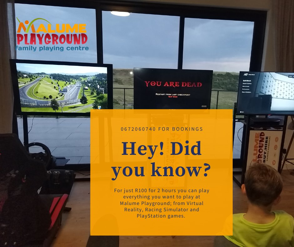 Hey, Did you know?
For just R100 for 2 hours you can play everything at Malume Playground ; from Virtual Reality, Racing Sim and PlayStsyion games. 
👨🏿 = R100 
👨🏿👨🏿👨🏿👨🏿👨🏿 = R400