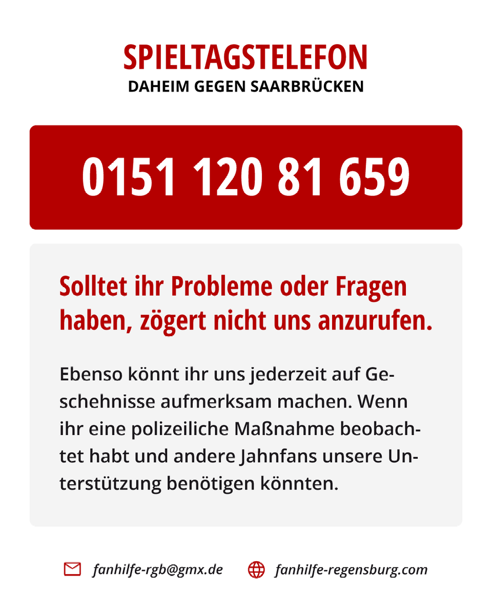 Fanhilfe_RGB's tweet image. Bei Problemen sind wir wie gewohnt beim heutigen Heimspiel gegen Saarbrücken unter folgender Nummer erreichbar 👇

#FanhilfeRegensburg #SSVFCS