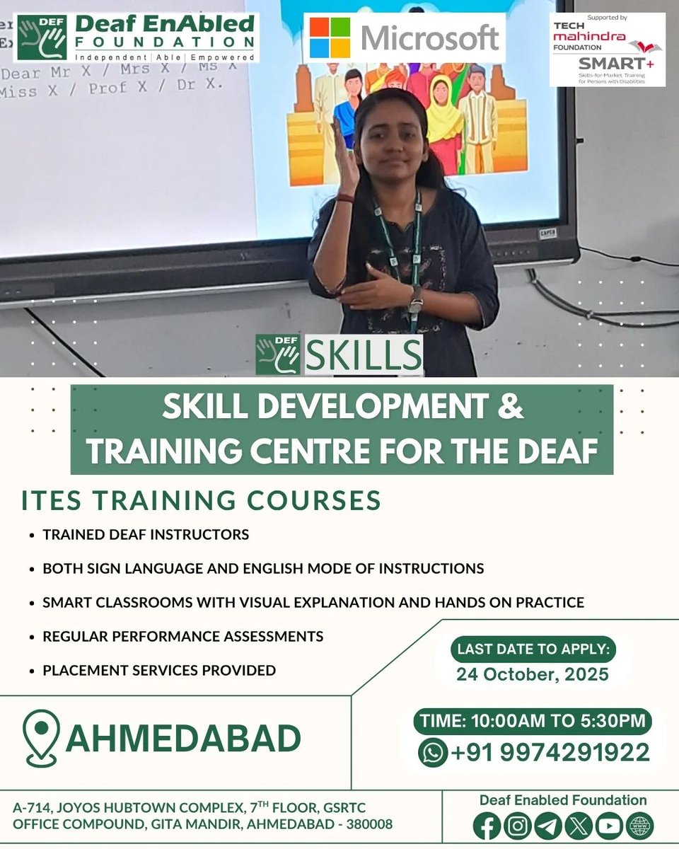 deafenabled's tweet photo. Find the right guidance and advance your career goals with our new skill training batch at DEF Ahmedabad center. Book your spots at the earliest!
#Government #ITSkills #skiils #DeafEnabledFoundation #Awareness #deaf #activities #indiasignlanguage #development #Knowledge https://t.co/Lk1pKyT9Z4