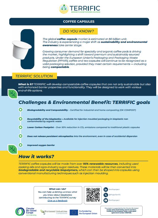 CBE_JU's tweet image. ☕🌍 Over 80B coffee capsules are used each year.

The CBE JU-funded #TerrificProject is developing compostable capsules that are:
♻️ OK COMPOST certified
🌾 95% renewable resources
🌍 50% less CO₂
🚫 Microplastic-free

📢 Have your say 👉 forms.office.com/pages/response…
