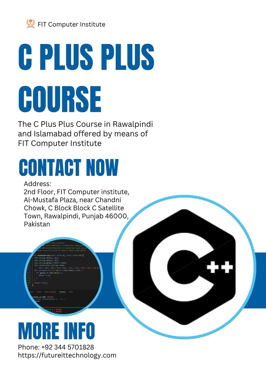 FitComputer's tweet image. C Plus Plus Course In Rawalpindi And Islamabad
futureittechnology.com/c-plus-plus.ht…
futureittechnology.com
Address:
2nd Floor, FIT Computer institute, Al-Mustafa Plaza, near Chandni Chowk, C Block Block C Satellite Town, Rawalpindi, Punjab 46000, Pakistan
Phone: +92 344 5701828