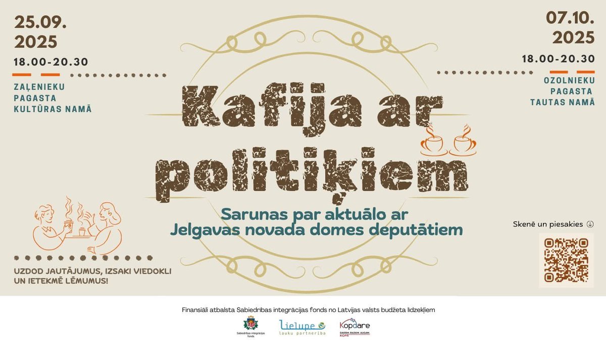 vidvuds9's tweet photo. Aicinām piedalīties pasākumā KAFIJA AR POLITIĶIEM!

Pasākums notiks no plkst. 18.00 - 20.30:

7.oktobrī, Ozolnieku pagasta Tautas namā

Pasākumā deputāti tiks aicināti dalīties ar paveikto pirmajās simts darba dienās pēc pašvaldību vēlēšanām Jelgavas novada domē. Iedzīvotāji varēs uzdot jautājumus un kopā diskutēt par aktualitātēm Jelgavas novadā.

#ozolnieki #jelgavasnovads