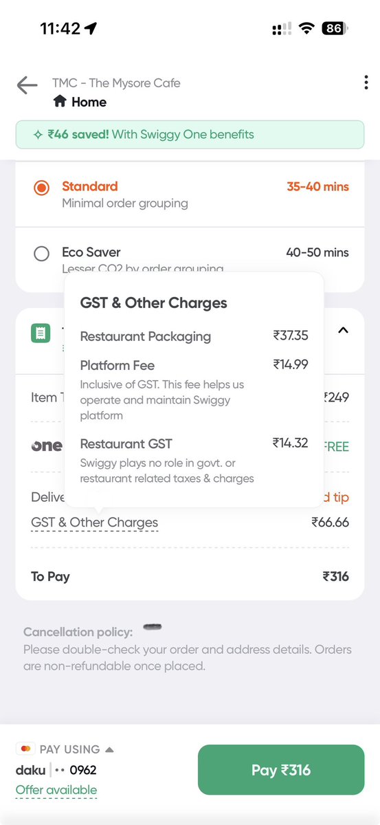 rajat_namespace's tweet image. For the same restaurant and SKU items, Zomato charges ₹15 as a packaging fee, while Swiggy charges more than double.

Why is there such a significant difference in the fee? 🤔
#swiggy
#Zomato