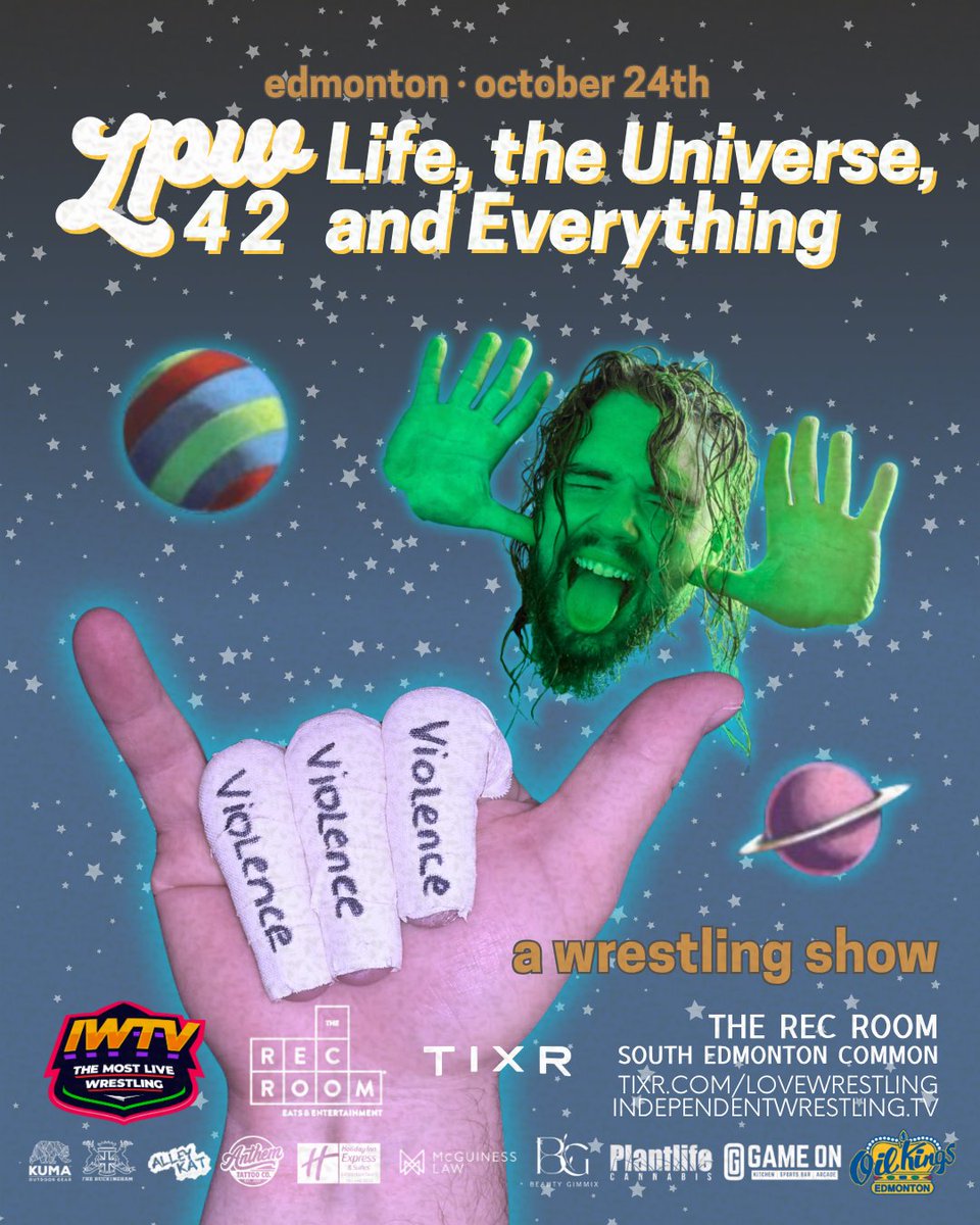 LoveWrestlingCA's tweet image. LOVE PRO WRESTLING PRESENTS:

LPW 42: LIFE, THE UNIVERSE, AND EVERYTHING!

Friday, October 24th, 2025 ⎸ The Rec Room South Edmonton

🎟️: tixr.com/e/156805