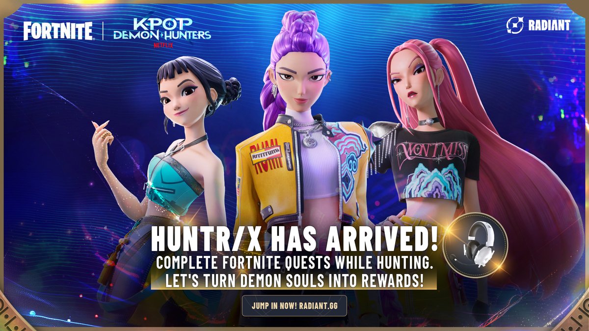 The demon hunters have arrived! 🔥

Drop into Fortnite with HUNTR/X and take down demons—it's time to turn their souls into rewards!

Sign up and start your quest now.
radiant.gg