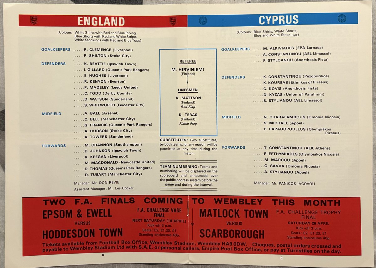 NUFCProgrammes's tweet image. Programme of the Day Number 812
England v Cyprus 1975
Euro 76 Qualifying
Malcolm Macdonald scoring all 5 in a 5-0 win for England.
Att 68245