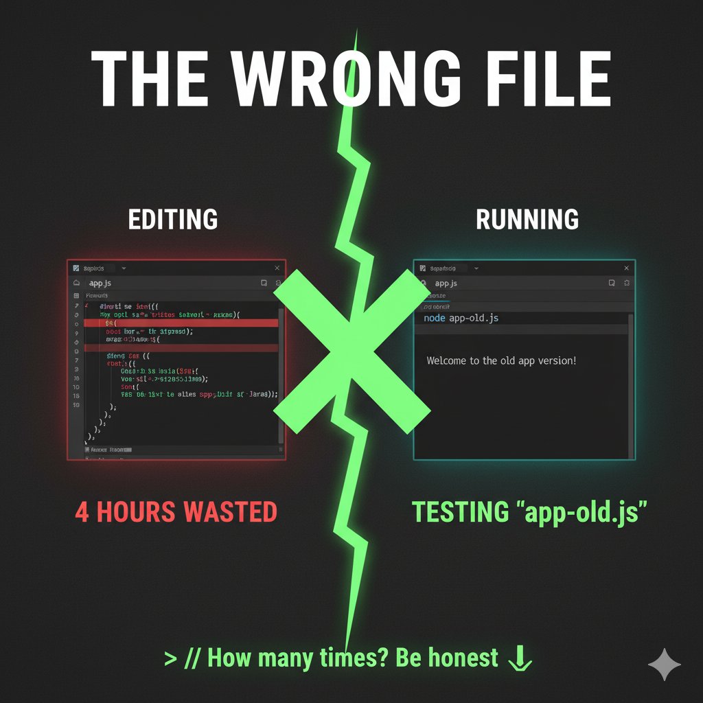 Blockhacks's tweet image. 4 hours of debugging code that wouldn&apos;t work.

The issue? Testing the wrong file.

Editing `app.js` while running `app-old.js`

How many developers have done this at least once?

(Be honest in the comments)