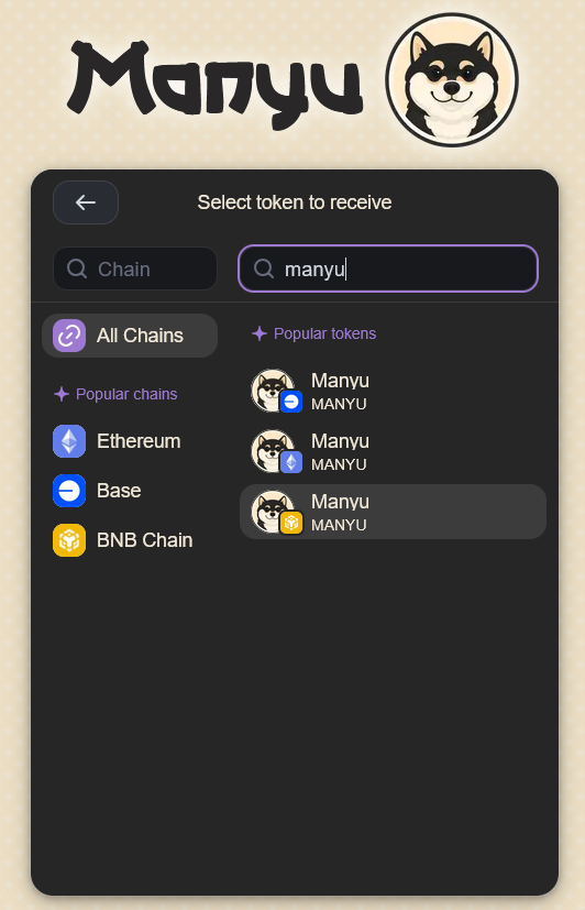 The bridge upgrade is now live on ManyuSwap!

You can bridge $MANYU tokens between:
ETH (ERC-20) ↔️ BSC (BEP-20)
ETH (ERC-20) ↔️ BaseChain
BSC (BEP-20) ↔️ BaseChain

swap.manyushiba.com