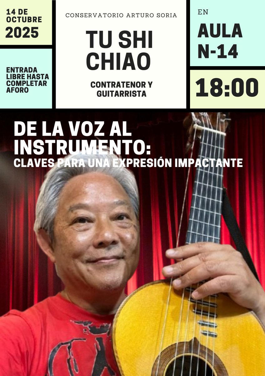Invitación al Taller: "De la Voz al Instrumento: Claves para una Expresión Impactante" por Tu Shi Ciao, el 14 de octubre a las 18:00h en <a href="/CPM_ArturoSoria/">Conservatorio Profesional de Música Arturo Soria</a>
Cómo mejorar nuestra expresividad en el instrumento inspirándonos en la voz humana. Os esperamos 😍📷🎶