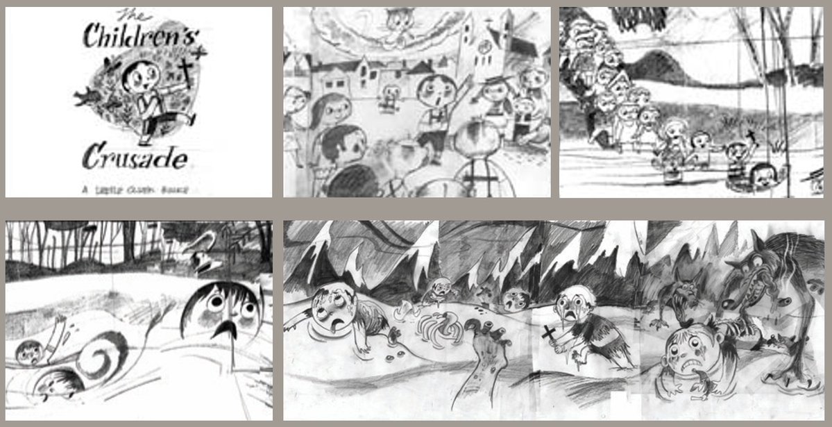 (1/2)Ren's reading of The Children’s Crusade turns grim fast. What starts innocently becomes a tale of kids drowning, freezing, &amp; finally slaughtered in a holy war. #AnimationHistory