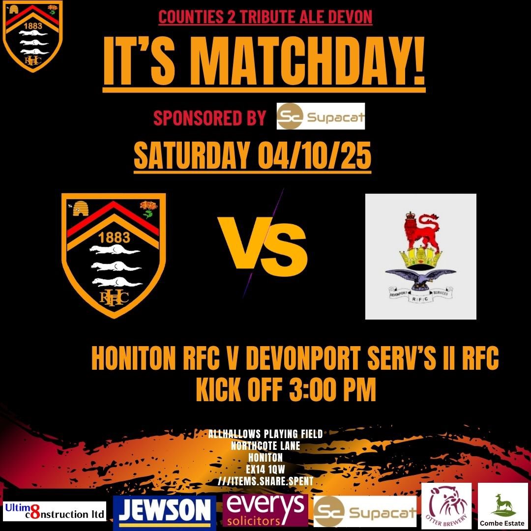 Matchday at last! It's been a long wait but we've finally got a game to watch on the field of dreams. It'll be a tough one and we really need a win so come down, support the lads and see a great game of rugby
All Welcome.
<a href="/SupacatLtd/">Supacat</a> 
 #hrfc #honiton #UTT #grassrootsrugby