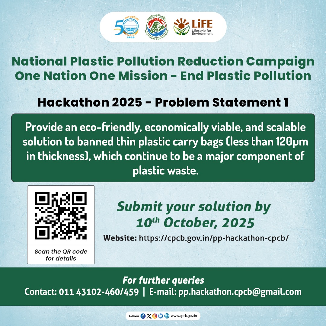 CPCB_OFFICIAL's tweet image. Have an eco-alternative to thin plastic bags?
Showcase it in #Hackathon2025!

Submit your solution by 10th October 2025

For more details, visit: cpcb.gov.in/pp-hackathon-c…

#PlasticFreeIndia #EndPlasticPollution #SayNoToSUP

@byadavbjp @KVSinghMPGonda @moefcc @mygovindia @PIB_India