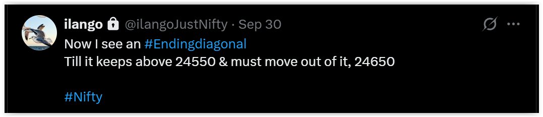 JustNifty's tweet photo. Just after a significant "low" formed @ "24588", we alerted to spotting of #Endingdiagonal which is a fairly reliable #pattern of end of downtrend in short term.

Holding above "24550" for "Low Risk, LR"
Moving past "24650" for confirmation. https://t.co/zbtMwCRxhh