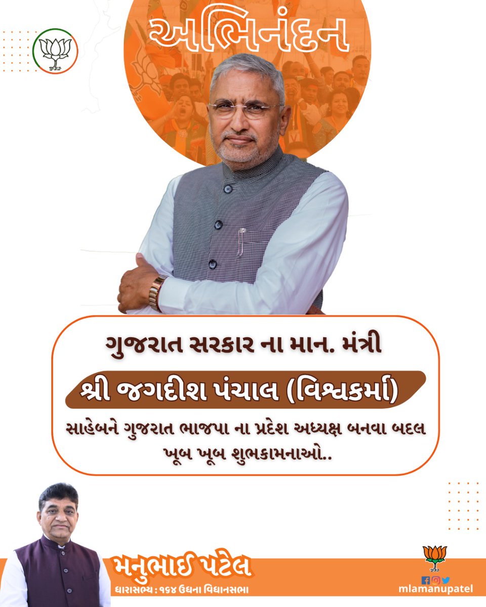 ભારતીય જનતા પાર્ટી ગુજરાત પ્રદેશ ના અધ્યક્ષ તરીકે વરણી થવા બદલ ગુજરાત સરકાર ના મંત્રીશ્રી @_jagdishvishwakarma સાહેબ ને ખૂબ ખૂબ શુભકામનાઓ..
