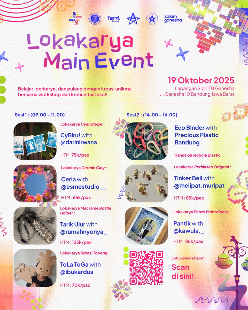 Ada kegiatan apa sih di Pasar Seni?! BANYAK BANGET!

Belajar, berkarya, dan pulang bawa hasil kreasi unikmu sendiri! 🤩

Yuk ikutan workshop seru bareng komunitas lokal pilihan, hanya di Pasar Seni ITB 🎪

📌 HTM mulai dari 65K aja!
📲 Daftar langsung lewat QR code di poster ya~