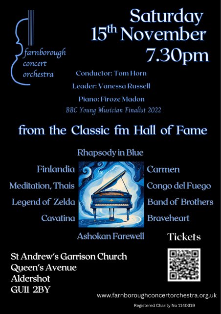 ConcertPelly's tweet photo. We are looking forward to welcoming Firoz Madon back for a super piece of #Gershwin plus lots of other lovely music taken from the Classic fm hall of fame , Band of Brothers, Ashokan Farewell, Finlandia, Braveheart and more #Aldershot 
Tickets on sale now https://t.co/BEDtd2Ck1W https://t.co/Yl53ELJ4ob