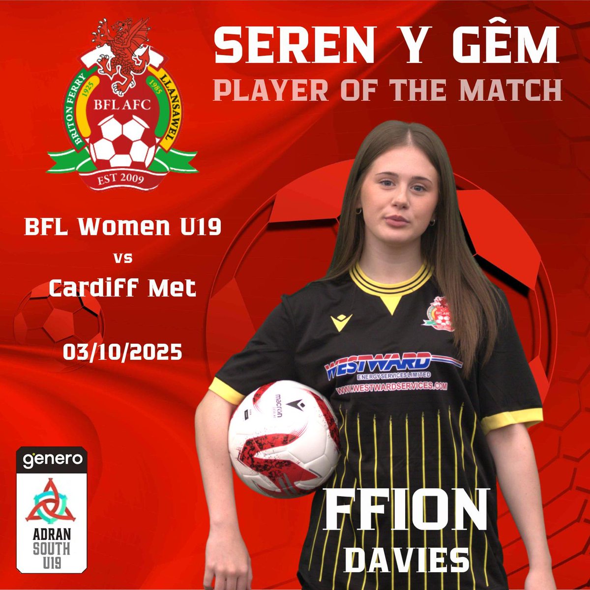 BFLAcademyGirls's tweet image. 🎉 Player of the Match 🎉

Last nights player of the match was Ffion Davies who put in a great all round performance

#IAmRed