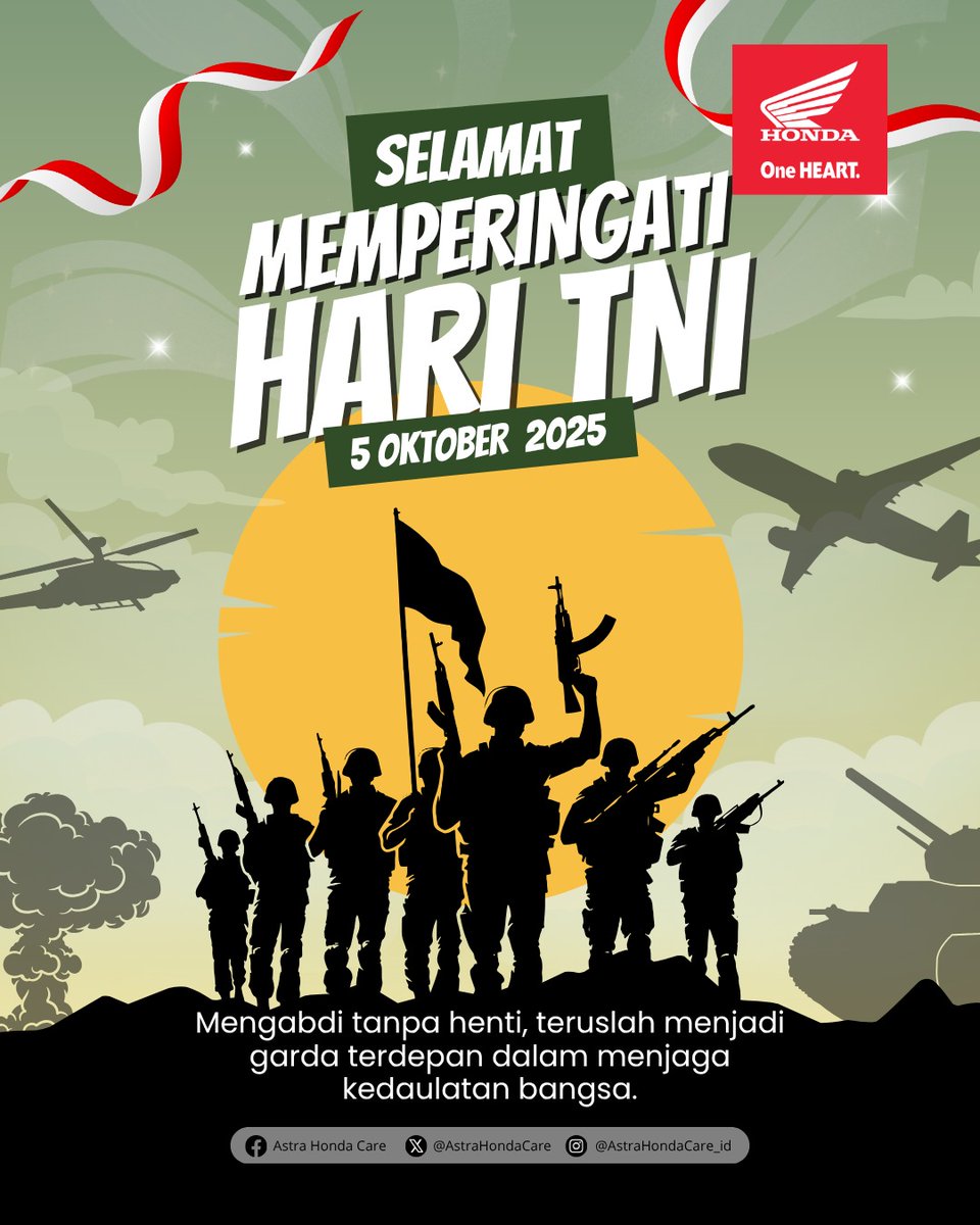 Selamat Memperingati Hari TNI

TNI, mengabdi tanpa henti, teruslah menjadi garda terdepan dalam menjaga kedaulatan bangsa

AstraHondaCare #SalamSatuHATI #HariTNI