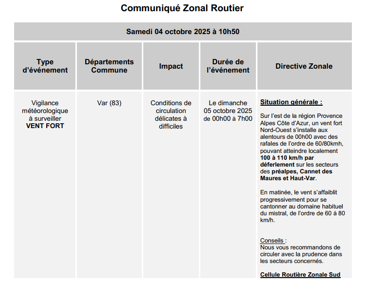 cezocsud's tweet image. Communiqué zonal routier - CRZ Sud - vigilance jaune à surveiller pour vent fort sur le département du Var :