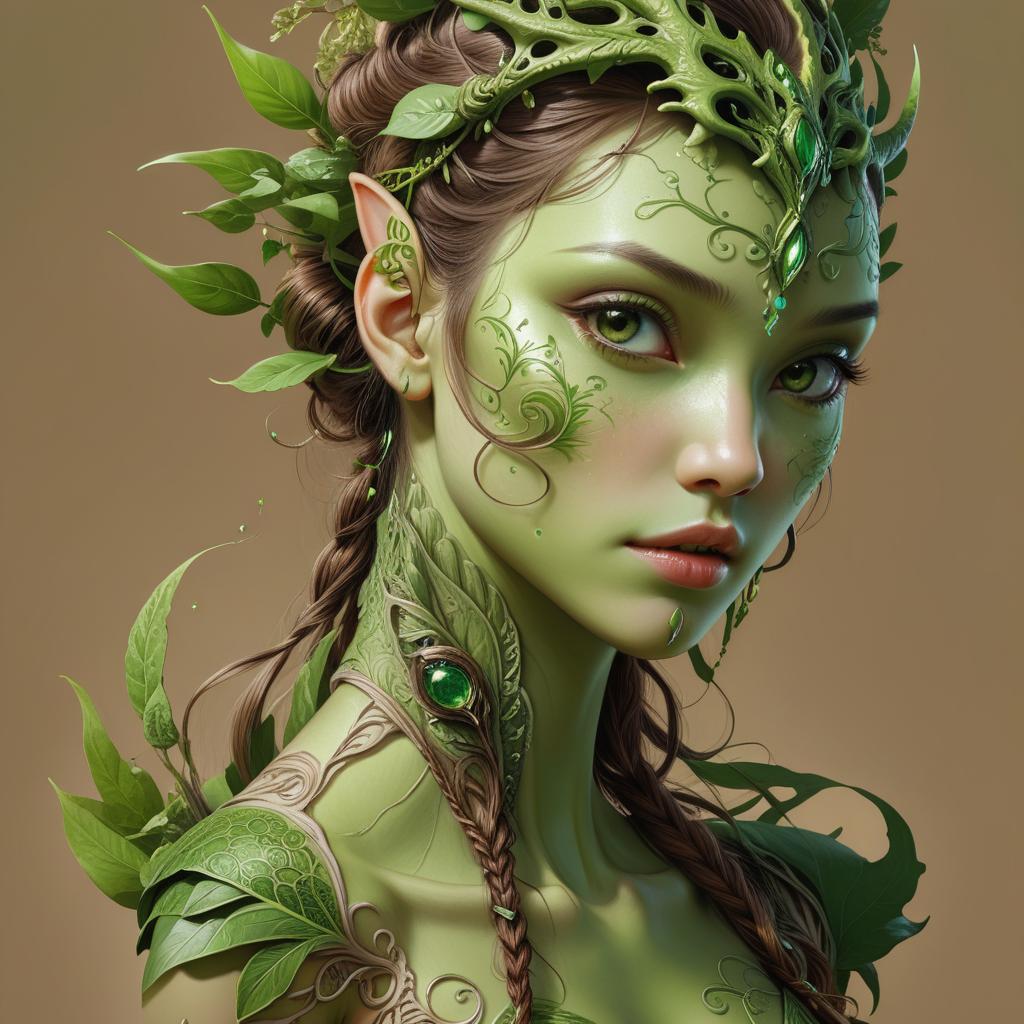 fantastoria's tweet image. An enchanting AI-generated elf with green skin, pointed ears, and leafy vines emerges from nature&apos;s embrace. #AIGenArt #AIImageGen