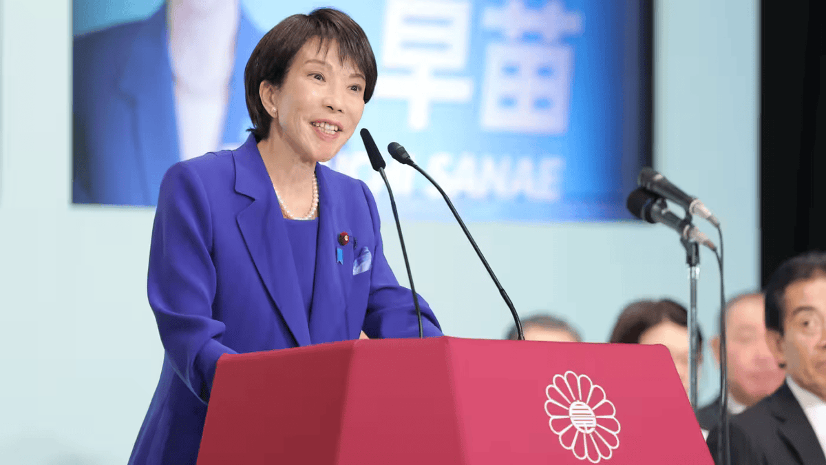 FinancialWeek's tweet photo. Japan LDP in a surprise voted for Sanae Takaichi, first female PM in history. Takaichi's imperatives are 1)secure a stable coalition with Komeito and 1 or 2 more opposition parties, 2)boost personal disposable income by reforming income tax regime. https://t.co/tZ227yWmFu