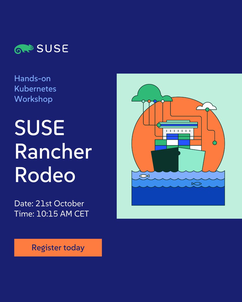🚀 Master Kubernetes with SUSE Rancher Rodeos—free, hands-on workshops for DevOps and IT teams!

Join us online ⬇️

🗓️October 21
⏰10:15 AM–1:15 PM CET

Register today 👉okt.to/zl8CAk