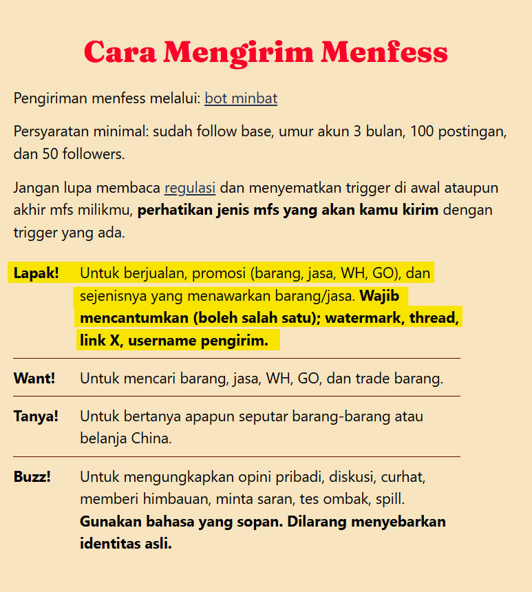 大家好! Mau mengumumkan sedikit penyesuaian rules di base LapakRMB ya.

Berlaku mulai besok (05/10/2025), semua menfess dengan trigger Lapak! harus mencantumkan watermark, thread jualan (link x), atau username pengirim. Supaya jelas siapa pemilik menfess tersebut.