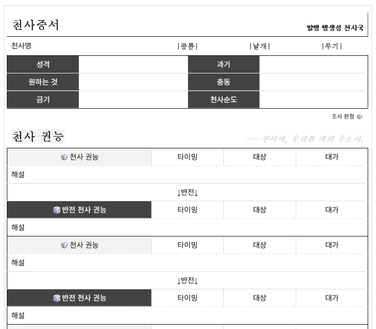 m_o_trpg's tweet photo. [배포]
천사예찬 Bio 캐릭터 시트

Roll20 캐릭터 Bio 칸에 입력할 수 있는 캐릭터 시트(PC, 에너미)를 배포합니다.
https://t.co/EA5xMvB0pV https://t.co/9XynfqYHGt