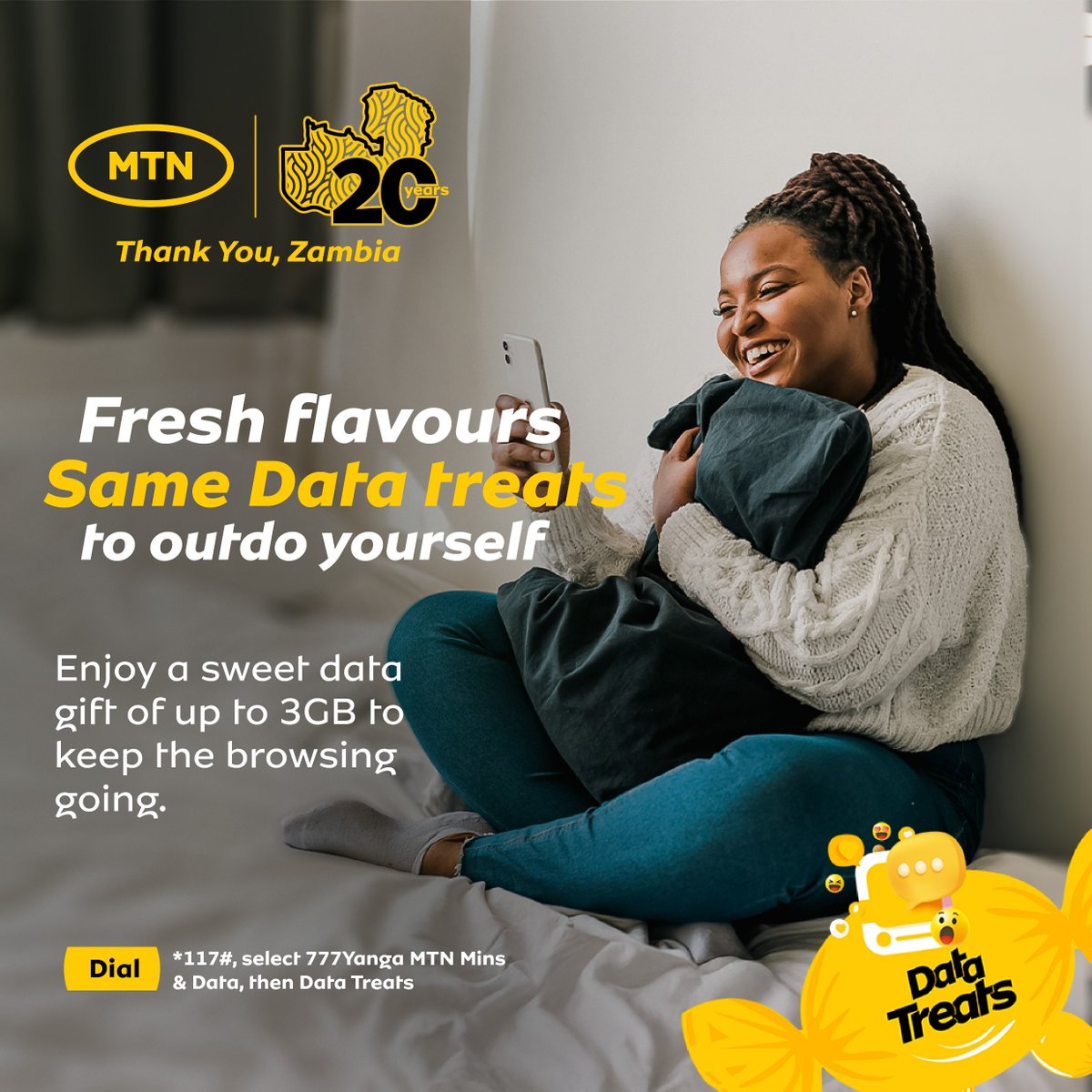 MTN_Zambia's tweet image. Saturday is sweeter with Ma Data Treats! 
Dial *117# → 777Yanga and treat yourself to endless browsing, chatting &amp;amp; streaming.
No stress, just good vibes. 💛
#WhatAreWeDoingToday #MTNZambiaAt20 #MTNZambia
1m