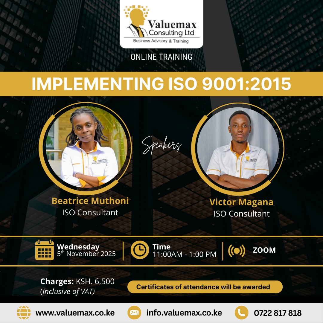 Valuemaxnairobi's tweet photo. Struggling with errors, delays & customer complaints? 🚨
ISO 9001:2015 is your roadmap to quality & efficiency.
Join us next month: https://t.co/wxjyFNkIuR
#Valuemax #ISOStandards #ISO9001 #BusinessExcellence #QualityManagement #ValuemaxAdvisory https://t.co/viHF2Nm9tz