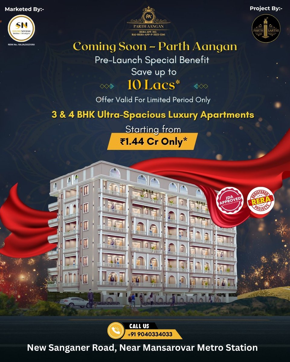 ShubhNivesh04's tweet image. 🏢 Coming Soon – Parth Aangan 🏢
Redefining Luxury Living in Jaipur!
✨ Pre-Launch Offer – Save up to ₹10 Lacs*
✨ 3 &amp;amp; 4 BHK Ultra-Spacious Apartments
✨ Starting @ ₹1.44 Cr* | JDA + RERA Approved
📞 +91 9040334033
#ParthAangan #LuxuryLivingJaipur #PreLaunchOffer