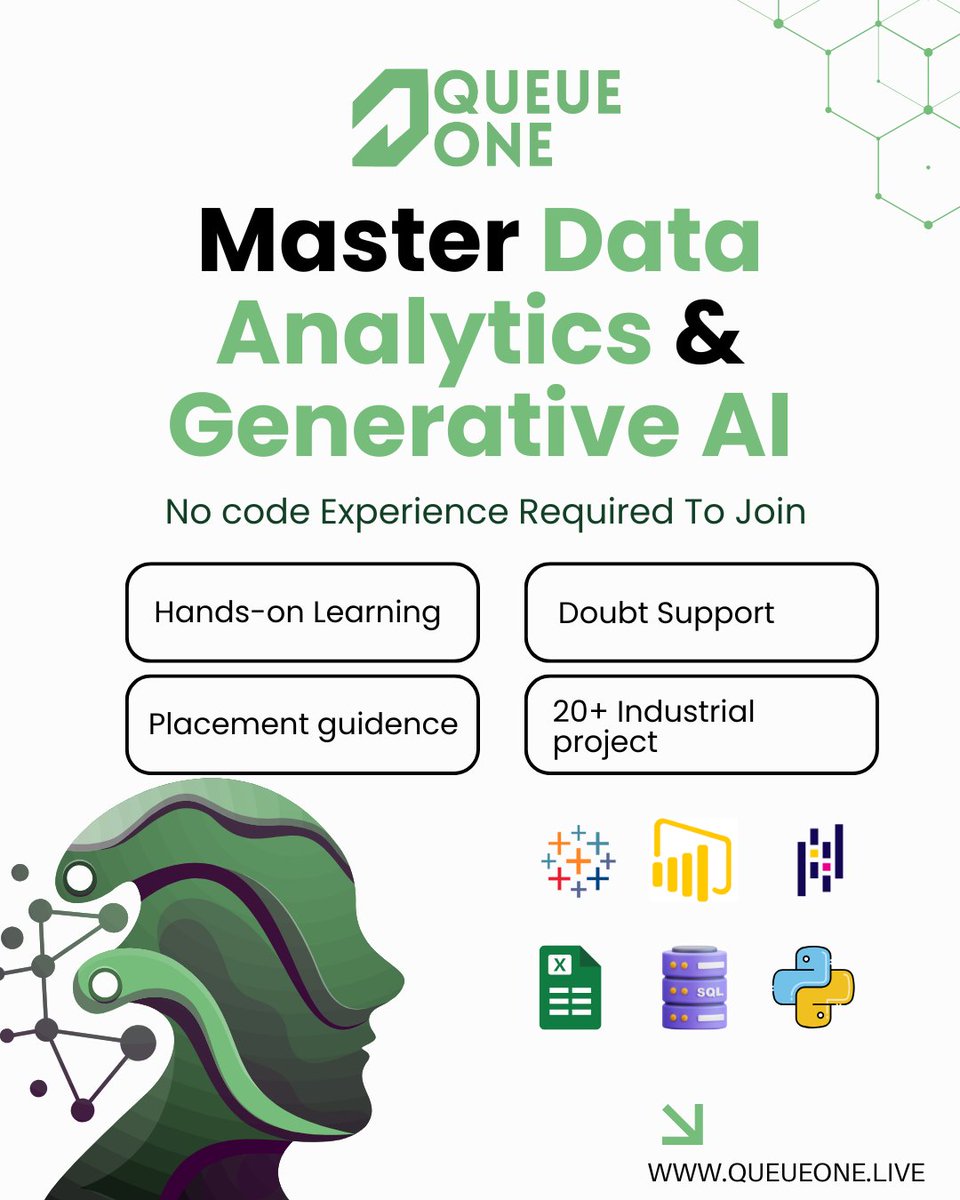 queueonee's tweet image. Future belongs to those who understand #DataAnalytics & #GenerativeAI
At Queue One, we train you in analytics, visualization, and Generative AI.
 queueone.live 
#GenerativeAI #QueueOne #AI #CareerSuccess #DataScience #Analytics #FutureReady #Python #SQL #PowerBI #Excel