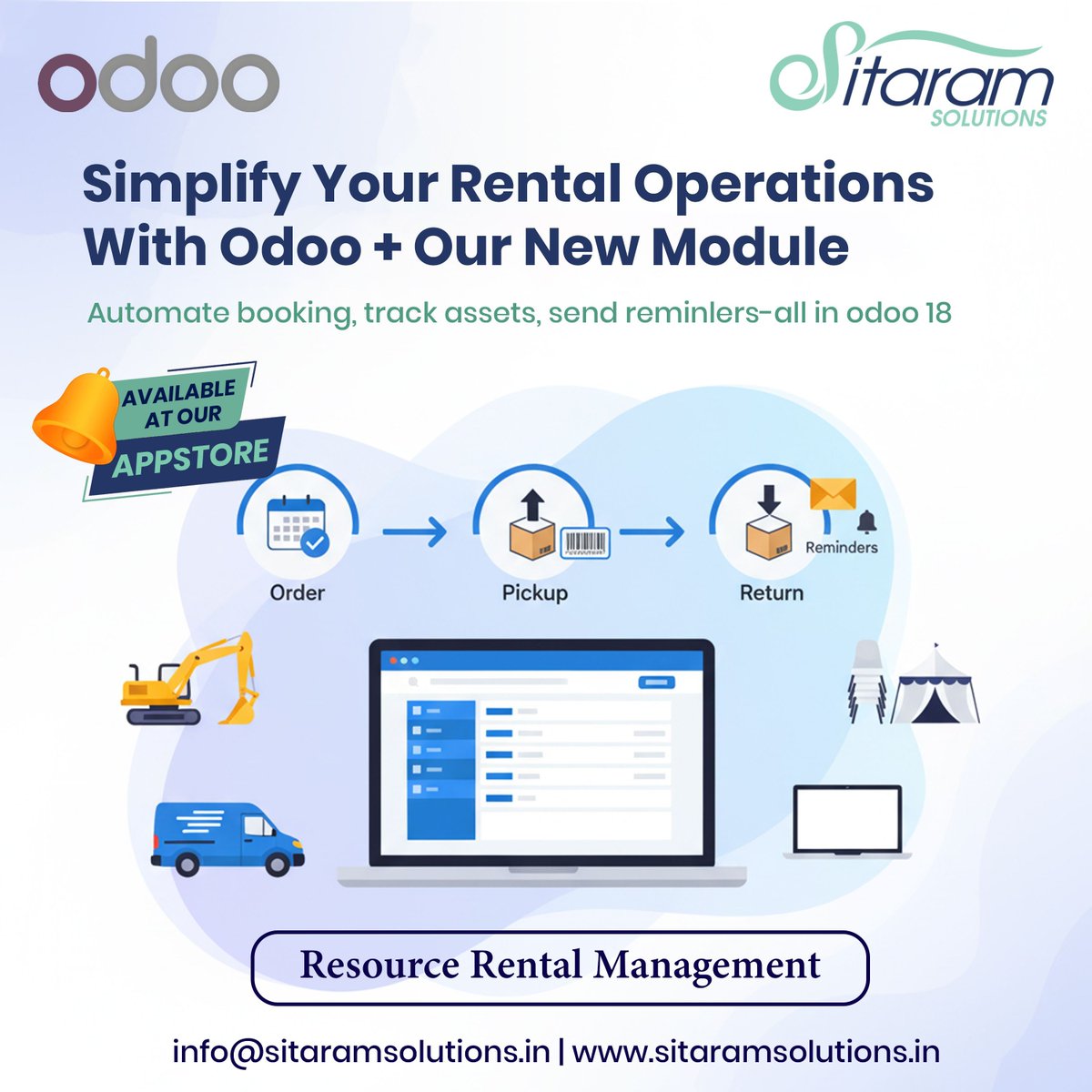 SitaramSolution's tweet image. Simplify your rental operations with SR Resource Rental Management.
๐
Schedule and manage rental orders
๐ ๏ธ Reserve and assign products
๐ง Send automated reminders for pickups and returns
๐ Try it now apps.odoo.com/apps/modules/1โฆ
#Odoo #RentalManagement #OdooApps #SitaramSolutions
