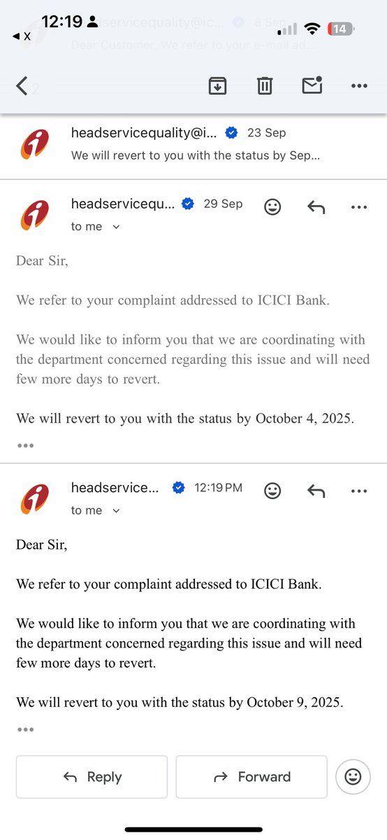 AgarwallaRonak's tweet image. A new resolution date given again. It was 4th oct and today on 4th they further give 9th October which has been the case since 2 months , more than 8 times they have done this @ICICIBank_Care @ICICIBank , is this how a common man is helpless and harassed? @RBI